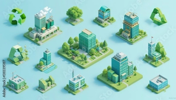 Obraz  Isometric icons displaying recycling plants, green buildings, and other sustainable initiatives in a 3D perspective.