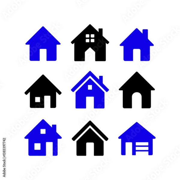 Fototapeta Set of home icons in black and blue isolated. Collection of house symbols with various styles isolated.
