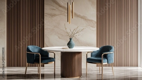 Fototapeta Modern Dining Room: Elegant Table, Chairs, and Wall Design with Marble and Wood Accents, Creating a Luxurious Atmosphere