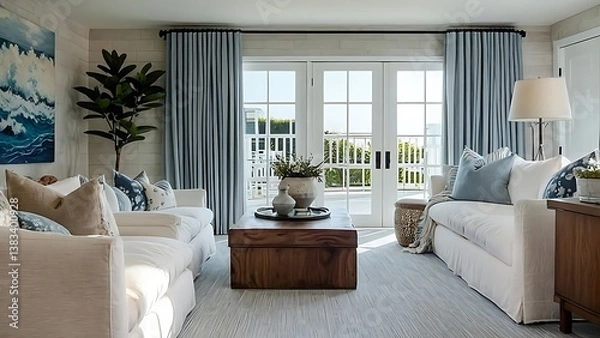 Obraz Coastal Living Room Design:  White Slipcovered Sofas, Blue Curtains, and Ocean View