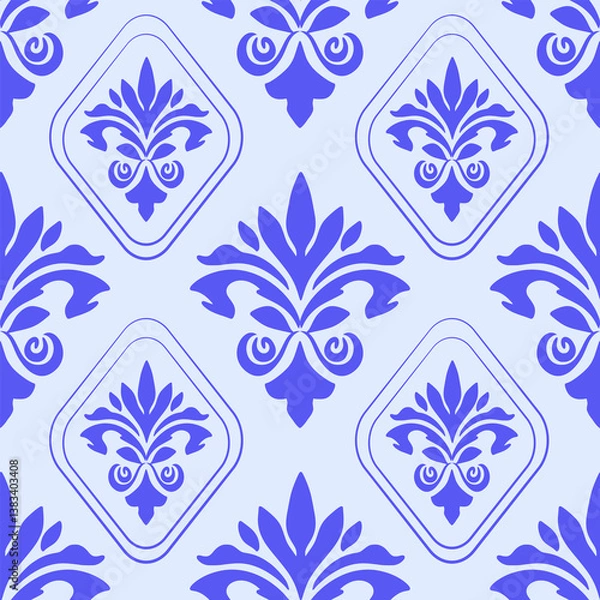 Fototapeta Damask seamless pattern, blue ornament abstract floral, vector illustration elegant for textile design. wall paper, bedding, curtains, cushion, scarf, rug, wrapping, vintage style