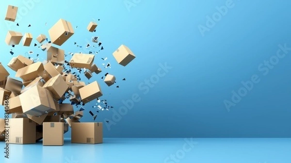 Fototapeta Brown Cardboard Boxes Exploding on Light Blue Background