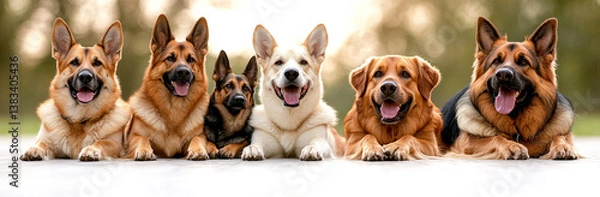 Fototapeta variety of dogs lying in row, looking up with happy expressions. This captures joy and companionship of these beloved pets