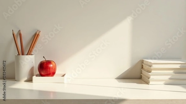 Fototapeta Serene Workspace with Sunlight Illuminating a Stack of Books, Pencils, and a Red Apple on a Minimalist White Desk