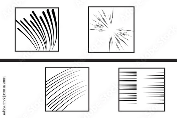 Fototapeta Set of radial manga comic motion isolated on transparent background. Anime action light flash frame lines. Explosive square template speed abstract, manga comics action frame. Vector illustration