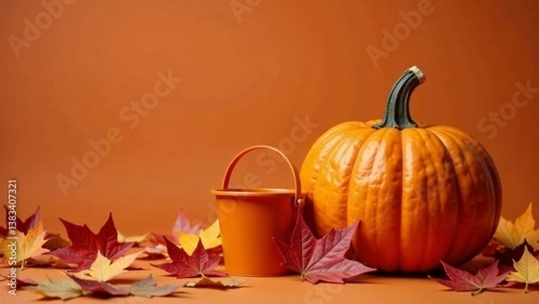 Fototapeta Autumnal Still Life Featuring a Single Pumpkin and Small Bucket Surrounded by Colorful Fall Leaves on a Warm Orange Background