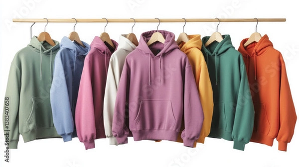 Fototapeta A colorful collection of hoodies hanging on a wooden hanger showcasing vibrant designs and streetwear fashion. AI generative