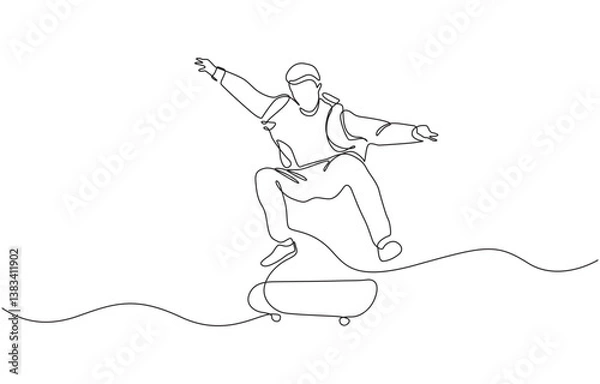 Fototapeta One single line drawing of young skateboarder man exercise riding skateboard, Man playing skateboard continuous one line drawing. Skateboard player single line art illustration. 