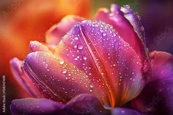 Fototapeta purple tulips in the garden with tiny dewdrops rest on the petals