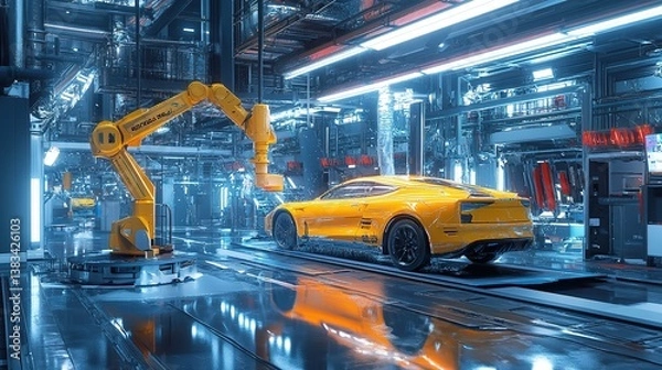 Fototapeta Robotic arm painting cars in high-tech automotive factory futuristic environment gigapixel standard scale