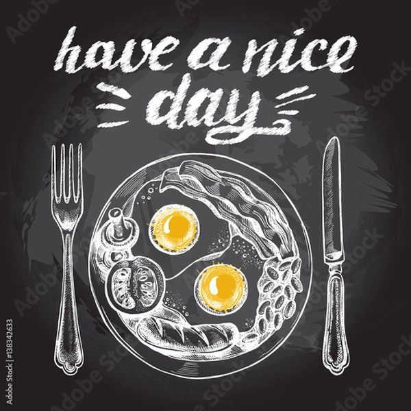 Fototapeta Śniadanie angielskie z jajkiem sadzonym, boczkiem, kiełbasą, fasolą, pomidorem i pieczarkami na talerzu, widelcem i nożem. Wektor ręcznie rysowane ilustracji z napisem „miłego dnia”. Plakat na tablicy.