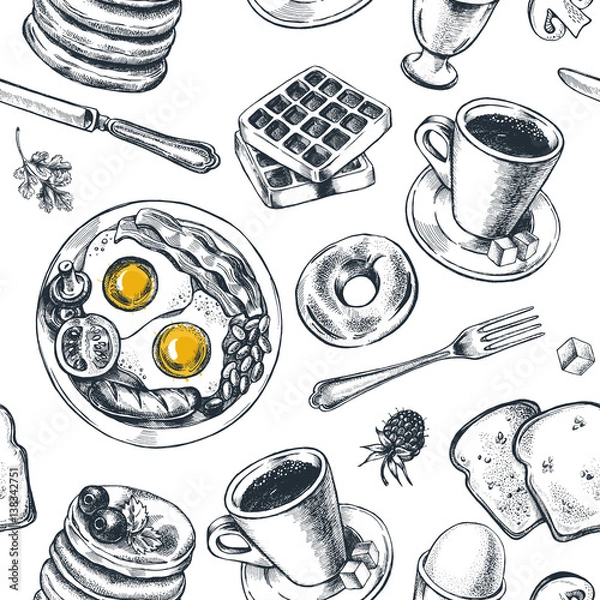 Fototapeta Seamless pattern with hand-drawn breakfast elements. Vector illustration.