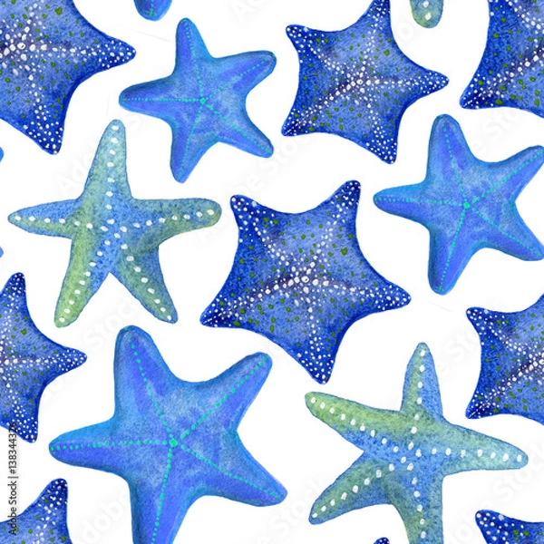Fototapeta Seamless watercolor pattern with marine starfish. Can be used for fabric, wallpaper, background 