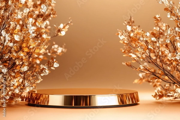 Fototapeta Decorative display platform surrounded by golden foliage, perfect for showcasing products elegantly