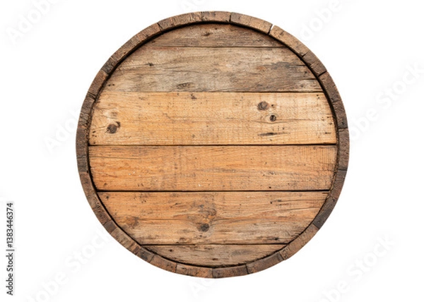 Fototapeta Top view of an old wooden barrel end on a transparent background. Concept of vintage, rustic, and aged wood.