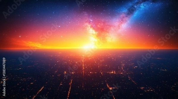 Obraz Aerial view of city at sunrise with vibrant colors and starry sky.  Possible use for inspirational, fantasy, or science fiction themes