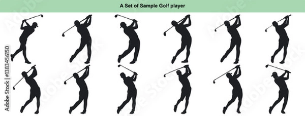 Fototapeta silhouette illustrations of a golfer swinging golf club to hit a ball on a transparent background in various poses and stances.