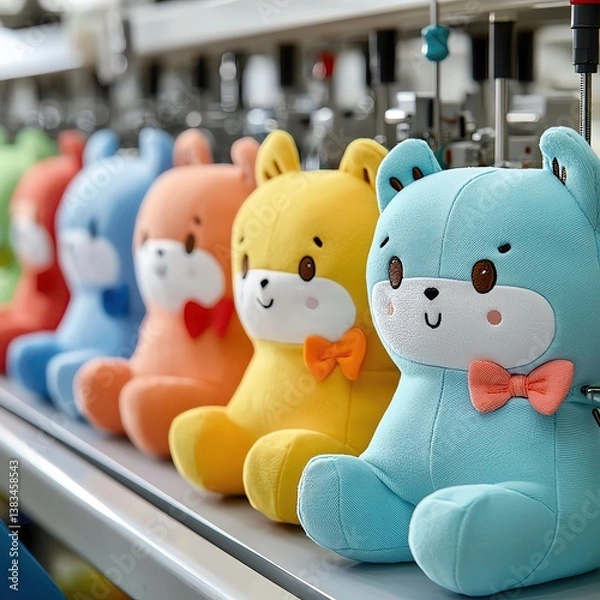 Fototapeta Modern plush toy production line inside a smart factory, modern plush toy production line with automated sewing and stuffing, modern plush toy production line featuring colorful soft toy manufacturing