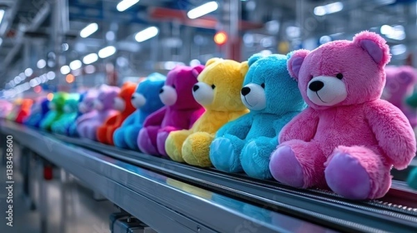 Fototapeta Modern plush toy production line inside a smart factory, modern plush toy production line with automated sewing and stuffing, modern plush toy production line featuring colorful soft toy manufacturing