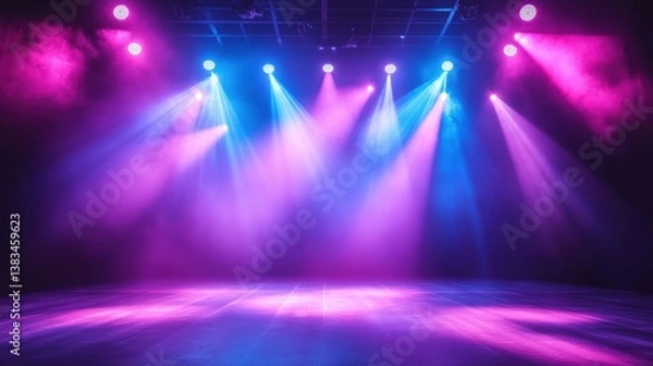 Fototapeta Dramatic Stage Lighting with Intense Blue and Purple Spotlights Illuminating Empty Dark Theater Performance Space for Concert or Show.
