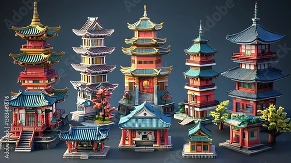 Obraz A vibrant and detailed 3D featuring a diverse collection of ornate oriental architectural structures including traditional temples pagodas shrines modern homes and office towers