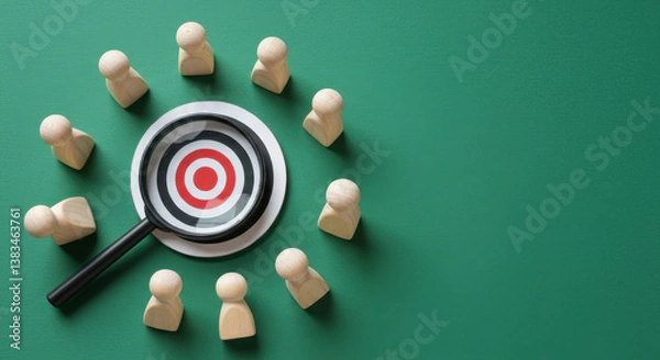 Obraz Target Audience: Finding Your Ideal Customer. Target, Magnifying Glass, Wooden Figures on Green Background. Marketing, Business, HR.
