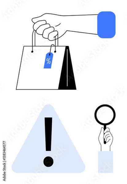 Fototapeta Hand holding shopping bag with a discount tag, magnifying glass emphasizing scrutiny, and a warning sign symbolizing caution. Ideal for retail, shopping, discounts, investigation, consumer awareness