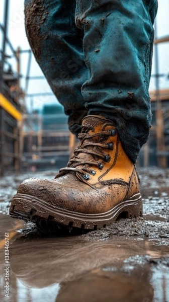 Fototapeta Muddy construction worker boots on a wet site