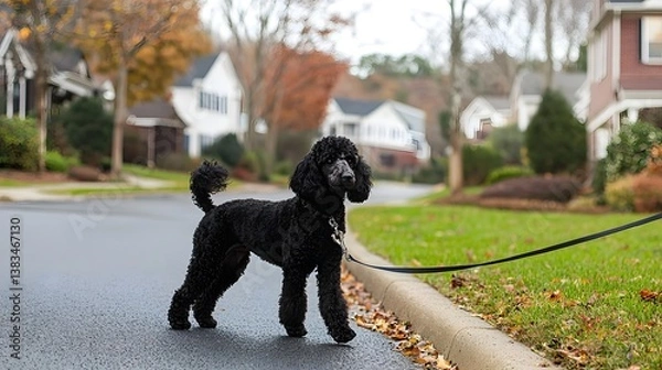 Obraz Adorable Poodle Puppy Walking Calmly on Leash through Peaceful Suburban Neighborhood with Autumn Foliage
