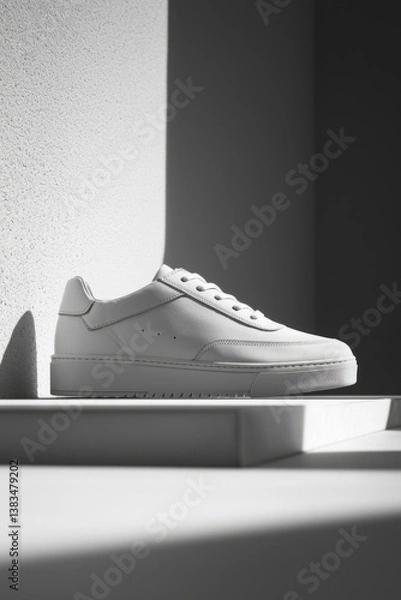 Obraz Trendy sneaker on steps with geometric background. Stylish fashion concept in minimalist style