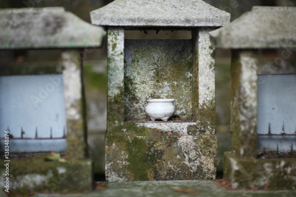Fototapeta Old stone, covered with moss houses for animal offerings of in the territory of a Shinto temple