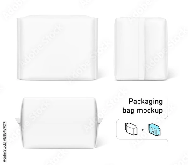 Obraz Packaging bag mockup. Front, flat lay and side views. Vector illustration isolated on white background. Ready for your design. Suite for the presentation of pads, diaper, wipes, etc. EPS10.