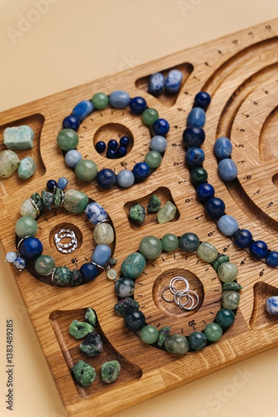 Obraz Jewelry-making board with natural stone bracelets. Assorted gemstone bracelets and raw crystals for crafting. Handmade stone bead bracelets.