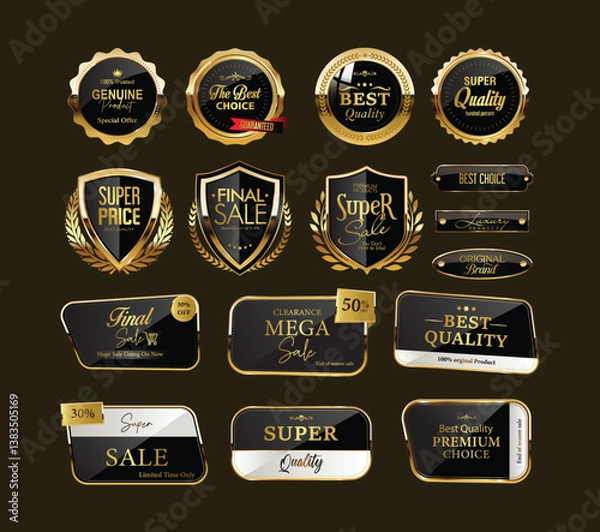 Obraz Golden luxury labels shield and banners, gold premium quality certificate ribbons, vector badges. Luxury VIP and  sticker tags and banners for best product seals and banners with golden crown