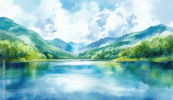 Fototapeta Serene mountain lake landscape. Lush green hills reflect on tranquil water