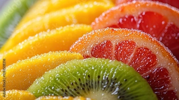 Fototapeta Close-up of vibrant mango, kiwi, and grapefruit slices.