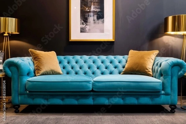 Fototapeta Elegant blue chesterfield sofa in luxurious living room setting with gold decor accents