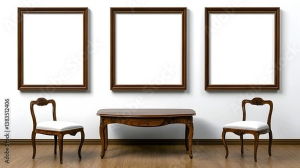 Fototapeta Elegant Interior Space with Three Empty Frames and Classic Wooden Furniture Arrangement