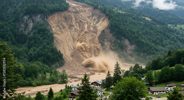Fototapeta Devastating Landslide Engulfs Mountainside Village A Natural Disaster