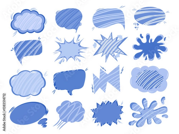 Fototapeta Set of comic speech bubbles without words in Pop art in the style of the 90s in blue colors. Vector Comic-cartoon sound bubble for stickers, postcards, decor