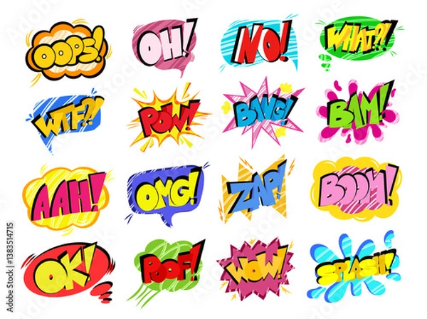 Fototapeta Pow comic speech bubbles set with the words -Pow, OMG, Wow, Oops and others. Pop art in the style of the 90s in bright colors. Vector Comic cartoon sound bubble speech.