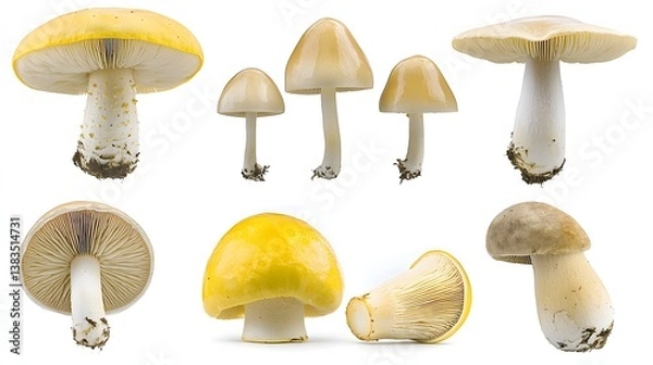 Fototapeta Variety of Wild Mushrooms Displayed Against White Background Showcasing Unique Shapes and Colors