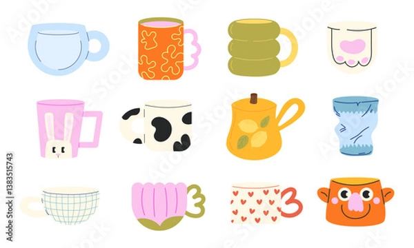 Fototapeta Colorful Set of Cute and Quirky flat Mug Illustrations