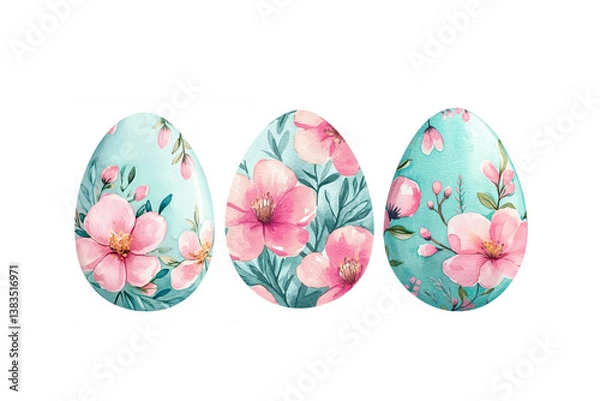 Fototapeta Decorative Easter Eggs with Floral Elements on a Light Blue Background