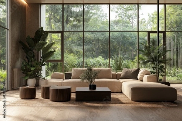 Fototapeta Modern spacious living room with large windows overlooking lush greenery