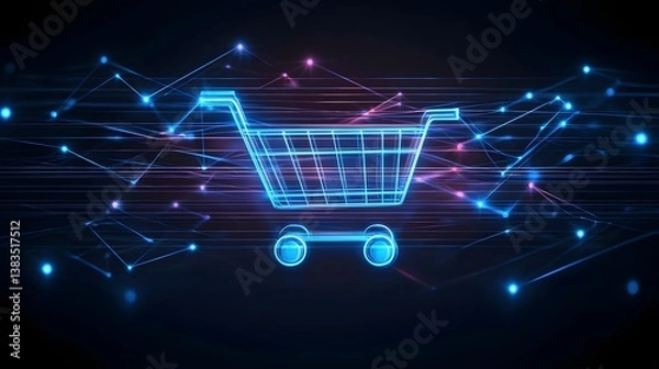 Fototapeta Digital Shopping Cart Illustration with Futuristic Neon Lines and Abstract Technology Background