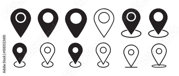 Fototapeta Address place icon symbol. Location pin icon. Map pin place marker. Location icon. Map marker pointer icon set. GPS location symbol collection. Vector Eps 10