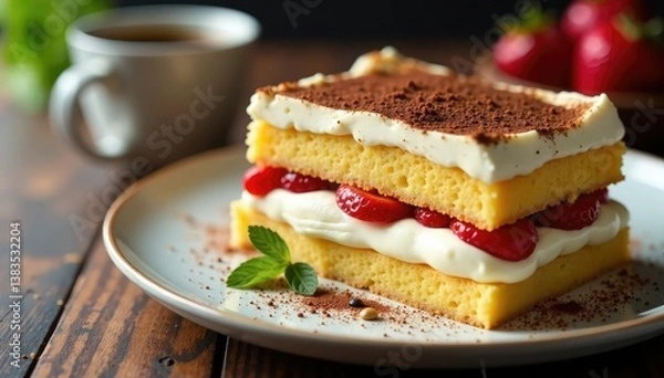 Fototapeta Classic Italian dessert, layers of coffee-soaked ladyfingers and mascarpone cream , ingredient, culinary, tiramisu