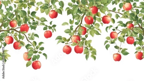 Obraz Red apples hanging on branches, orchard background, autumn harvest,  seamless pattern for textile design