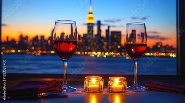 Obraz Romantic wine glasses, NYC skyline sunset dinner